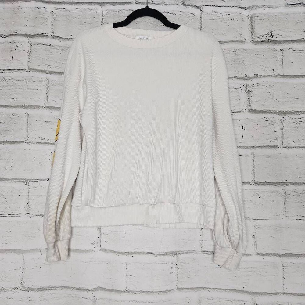Ces Femme Womens White Ribbed Smiley Face Long Sleeve Pullover Sweatshirt Medium